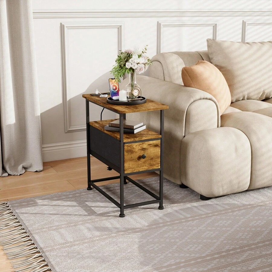 Table de chevet avec fonction de chargement 60 x 30 x 62 cm, table d'appoint avec tiroir, table basse 3 niveaux avec étagère ouverte, gain de place et facile à monter, commode pour chambre ou salon, blanc/noir/marron - Tabac - Voir 1