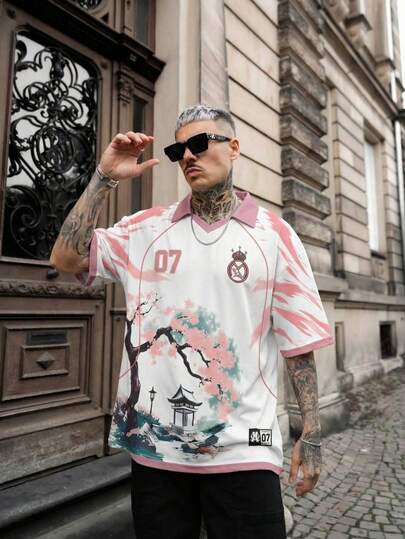Men's Sakura Cherry Blossom Polo Shirt Number Graphic Print Japanese Style Blokecore Pink Football Jersey Cotton Feel Summer Top