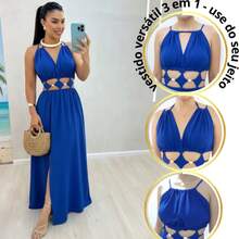 Women's Long Dress With Cutouts And Side Slit, Elegant And Premium Finish. Long Dress With Two Neckline Styles And Side Slit. Features Cutouts, A Slit, And A Tie At The Neckline. Elegant, Casual, Party, Split Fabric, Side Slit, Bare Back, Drawstring Tie. 2-In-1. Suitable For: Beach, Night, Garden, Photoshoot, Street, Birthday Party, Stage And Concert, Bachelorette Party, Travel, Vacation. - 藍色 - 查看 1