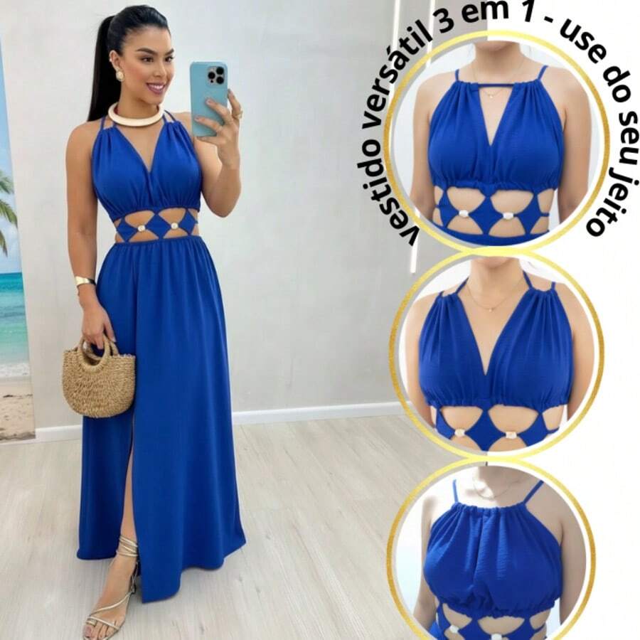 Women's Long Dress With Cutouts And Side Slit, Elegant And Premium Finish. Long Dress With Two Neckline Styles And Side Slit. Features Cutouts, A Slit, And A Tie At The Neckline. Elegant, Casual, Party, Split Fabric, Side Slit, Bare Back, Drawstring Tie. 2-In-1. Suitable For: Beach, Night, Garden, Photoshoot, Street, Birthday Party, Stage And Concert, Bachelorette Party, Travel, Vacation. - 藍色 - 查看 1