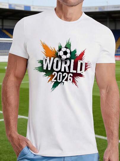 Men's Fashionable Casual Round Neck Short Sleeve T-Shirt With World Cup Football Pattern, Suitable For Gifting Boyfriends, Streetwear, Outdoor, Sports, Daily Commute, Versatile, World Cup