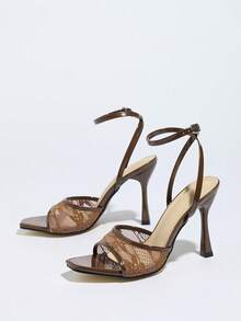 Women's High Heel Lace Mesh Printed Mule Shoes, Breathable, Suitable For Spring/Summer Parties, Gatherings, Outdoor Occasions, Fashion Elegant Banquet Waist-Cinching Strap Square Toe Stilettos, Sexy Open Toe Ladies Sandals Paired With High-Quality Glossy Solid Color Criss-Cross Thin Straps, Elegant Chocolate Brown High Heels - Chocolate Brown - View 6