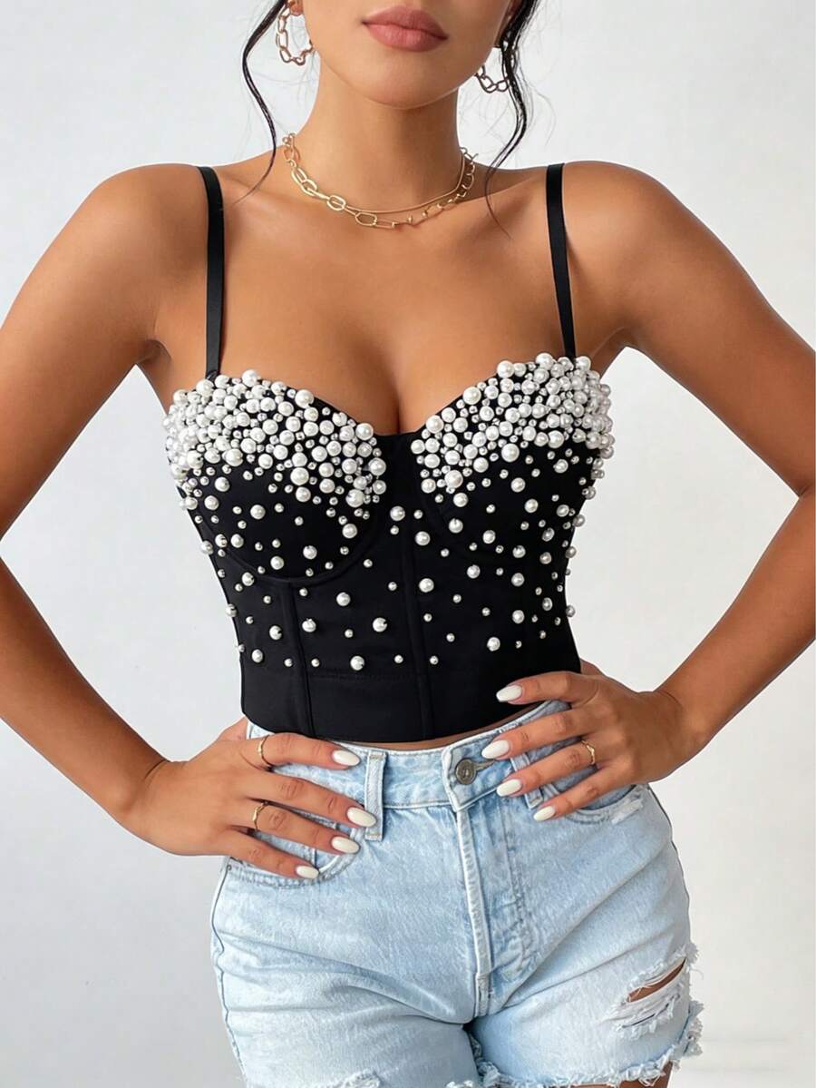 Handmade Faux Pearl Versatile Backless Camisole Top, Fashionable Resort Style Casual Black Summer - Black - View 1