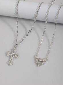2件套时尚水钻镶嵌心形十字架项链，精致别致的十字架项链，情人节奢华礼物 - 銀色 - 查看 3