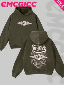 EMCGICC Manfinity Y2k Men Washed Hoodie,Street Outdoor Life Hip-Hop Style Christmas Thanksgiving Gifts Men's Sweatshirt Washed Hoodie - Retro Distressed Washing Process Long Sleeves Regular Fit Street Style Digital Printing Casual Pullover With Kangaroo Pocket Ideal Gift - 墨綠色 - 查看 1