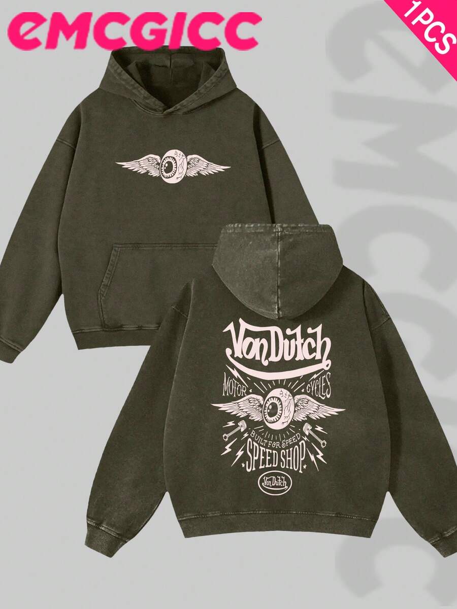 EMCGICC Manfinity Y2k Men Washed Hoodie,Street Outdoor Life Hip-Hop Style Christmas Thanksgiving Gifts Men's Sweatshirt Washed Hoodie - Retro Distressed Washing Process Long Sleeves Regular Fit Street Style Digital Printing Casual Pullover With Kangaroo Pocket Ideal Gift - 墨綠色 - 查看 1