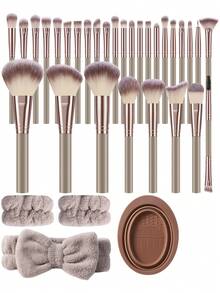 34件套化妆刷套装，包括：30支化妆刷+1个刷子清洁工具+1个头带+2个腕带 - 彩色 - 查看 2