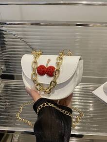 Mini Square Handbag, New Spring/Summer Plaid Color Block Casual Shoulder Tote Bag, Versatile, Cherry Pattern Saddle Bag - White - View 8