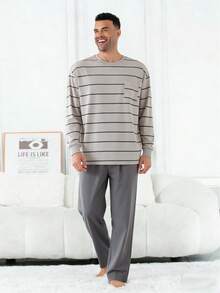 2pcs Men's Plus Size Casual Loose Striped Long Sleeve Top With Pockets & Solid Color Lounge Pants Pajama Set, Suitable For Spring, Autumn, Winter, Valentine's Day Gift - Light Grey - View 4