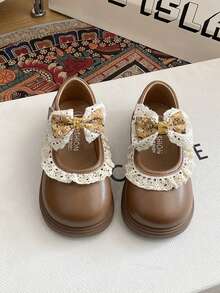 1 Pair New Casual Fashion Flat Shoes For Baby Girls, Made Of Quality PU Material, Decorated With Lace And Bow, Lightweight And Stable Sole, Versatile For Walking, Travel, Outdoor Wear, Suitable For All Seasons - Brown - View 4