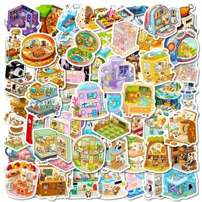 56pcs Healing Mini Scene Waterproof Creative Stickers, Laptops, Computers, Phone Cases, Desktops, Doors, Water Bottles, Guitars, Skateboards, Safes, Suitcases, DIY Stickers For Account Decoration, Personalized Material Stickers, Traceless Stickers