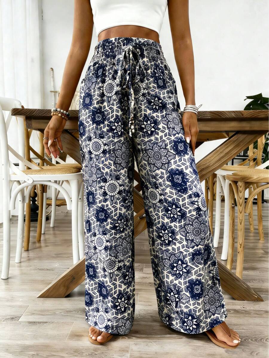 Quần nữ dáng rộng, thắt eo bằng vải bố, in họa tiết, thích hợp mặc đi làm, dạo chơi, đi nghỉ mát mùa xuân. - Màu xanh hải quân - Xem 1