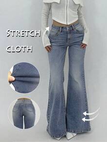 Y2K风格喇叭牛仔裤，高腰修身优雅女裤，弹力水洗蓝色牛仔长裤，街头时尚休闲春季单品 - 復古藍 - 查看 2