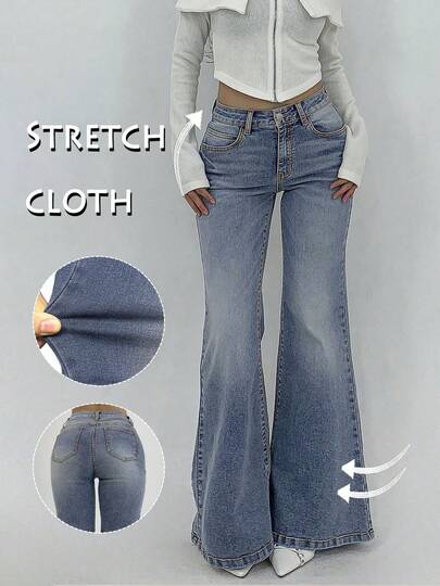 GILIPUR Pantalones de campana estilo Y2K, pantalones elegantes de cintura alta y ajuste delgado para mujer, pantalones largos de mezclilla azul lavada elástica, moda callejera casual de primavera