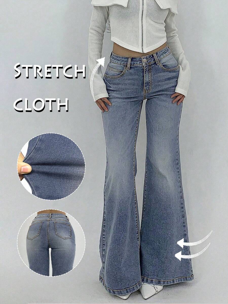 Y2K风格喇叭牛仔裤，高腰修身优雅女裤，弹力水洗蓝色牛仔长裤，街头时尚休闲春季单品