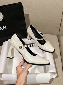 2026 Spring New Elegant Women Shoes Low-Top Shoes Thick Heel Pointed Toe Versatile Retro Mary Jane High Heels, European And American Style - Beige - View 3