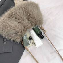 Solid Fluffy Soft Candy Color Satchel Bag, Y2K Style Faux Fur Tote Bags For Ladies, Party Bag, Party Dresses For Women, Winter Fur Purse, Suitable For Commuting, Work, Gatherings, Parties, Perfectly Matching With Fall Outfits Womenfall Clothes For Women, New Arrival Fur Bag For Women - 咖啡 - 查看 3