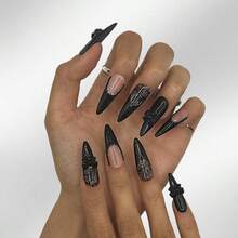 NailLuxe 10 PCS Handmade Stiletto Press - On Nails | Lace Bow Gothic Nails With Peach & Black Bases, Lace & Bow Embellishments For Dark Sweet Styles - 黑色 - 查看 2