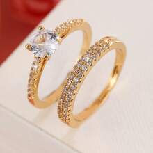 女士两件套铜戒指，优雅复古新娘叠戴戒指，镶嵌闪亮锆石，日常/婚礼首饰，情人节礼物 - 婚禮對戒10 - 查看 9