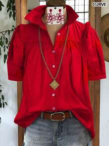 Plus Size Women Casual Vacation Solid Color Crinkle Wooden Button Loose Short Sleeve Shirt Summer - Bright Red - View 1