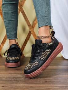 女士休闲运动鞋，黑色，透气豹纹面料设计，轻便舒适，四季皆宜，PU皮革鞋面，棕色EVA鞋底，织物内衬，情人节礼物，时尚滑板鞋 - 紋棕底 - 查看 3