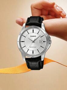 Casio MTP-V004L-7A Men's Casual Round Quartz Watch, Black Leather Strap, Classic Minimalist Wristwatch, Business Watch, Ideal Gift For Men, Daily & Office, Father's Day Anniversary - Silver - View 1