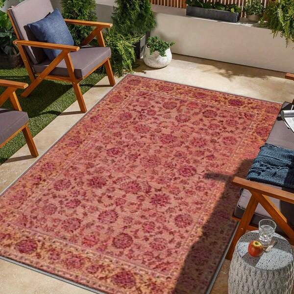 1pc Gold Diamond Velvet + 850g/㎡ + Pointed Toe Gypsum Bottom Printed Carpet, Retro Pink Floral Pattern, Non-Slip Durable, Modern Bohemian Holiday Carpet, Moroccan Washable Design Suitable For Yard, Patio, Balcony, Picnic Outdoor Decor, Study Entrance, Indoor Carpet Mat, Long Hallway Carpet
