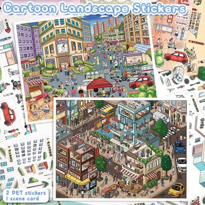Bộ sticker phong cảnh tự làm cao cấp, nghệ thuật sticker giáo dục, cảnh nhà cửa, con người, cây cối, động vật, tương tác cùng bạn bè, sở thích thư giãn hàng ngày, đồ dùng làm album ảnh lưu niệm.