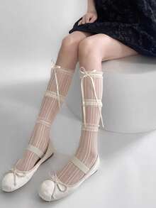 1双春夏日系蕾丝蝴蝶结洛丽塔袜，薄纱芭蕾舞袜，Y2K花卉蕾丝网眼白/黑/米色过膝袜，精致女性美感中筒袜 - 彩色 - 查看 9