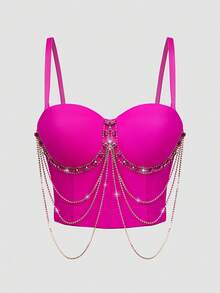 Sexy Rhinestone Chain Tassel Decorated Fishbone High-End Tank Top Camisole Short Performance Bra Top Integrated High-End Women's Fashion Tank Casual - Hot Pink - View 2
