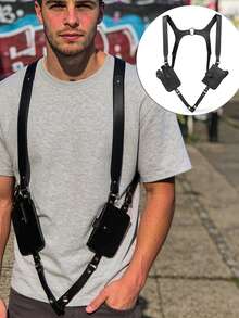 Men's Waist Bag, Outdoor Vest Bag, Versatile Functional PU Card Holder Vest Bag, Bag - Black - View 2