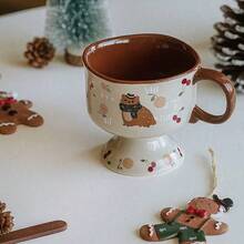 كوب قطة شتوي /خريفي للشفاء، كوب لاتيه خزفي مع رسم قطة وشجرة صنوبر، كوب طويل بلون كراميل للقهوة والحلويات - متعدد الألوان - مشاهدة 3