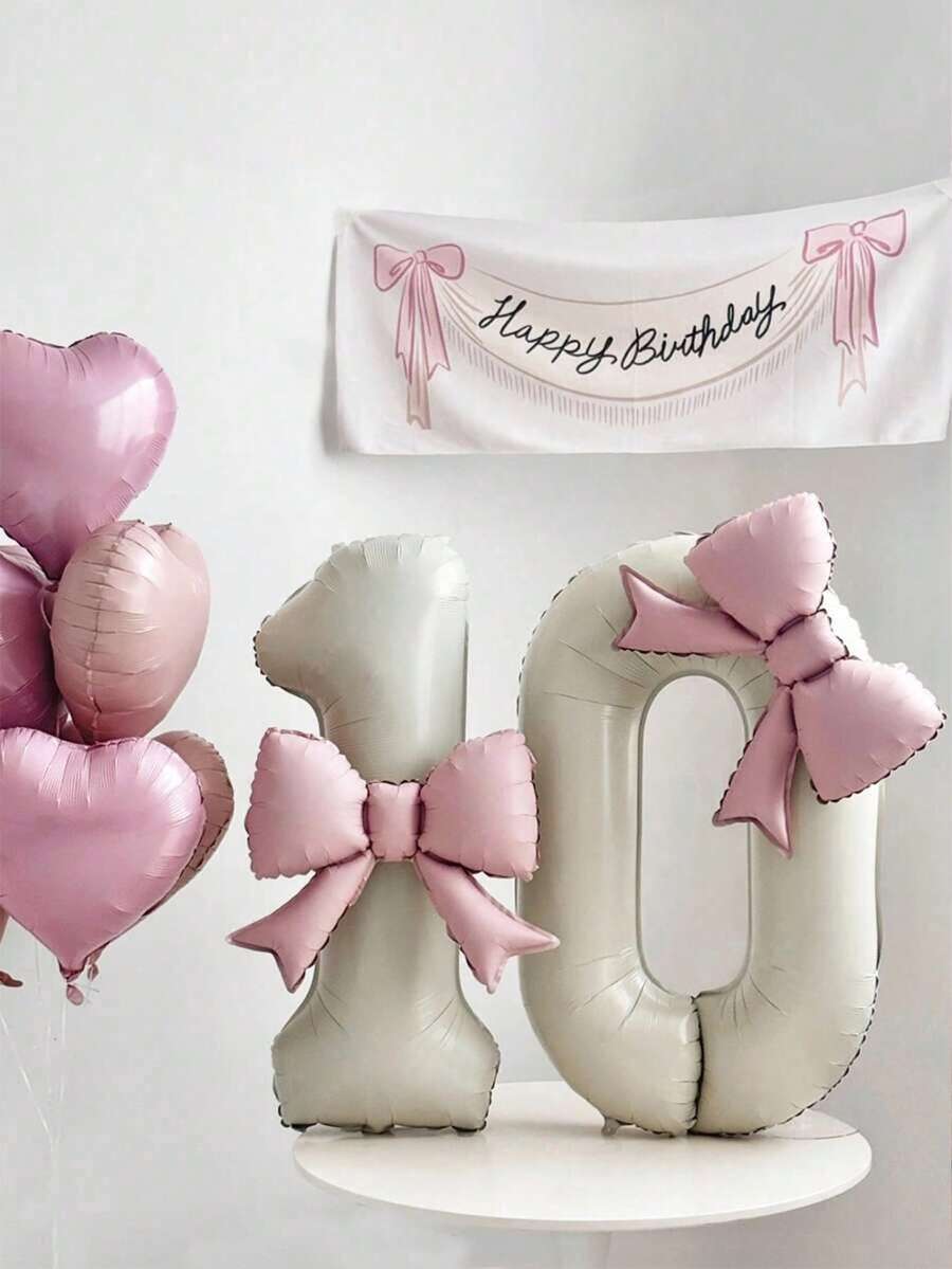 2pcs 40-Inch Ivory Number Balloons & 21-Inch Pink Bow Foil Balloons, Suitable For Wedding, Birthday, Anniversary, Graduation, Mother's Day Decoration, Indoor Room Decor - Cream - View 1