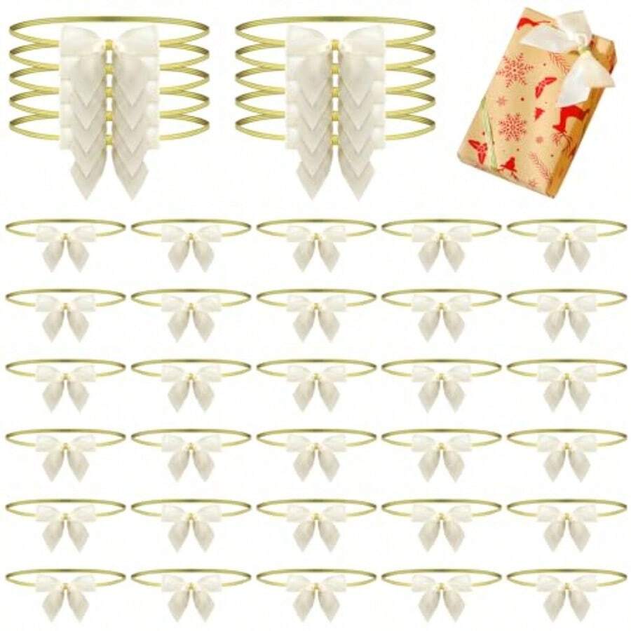 HLJ 100 Pcs Champagne Gold Elastic Bows For Gift Boxes Stretch Loops With Pre Tied Bows 24'' Stretch Elastic Loops With Ribbon For Gift Boxes Baby Showers Weddings Party Favors139 - 如圖 - 查看 1