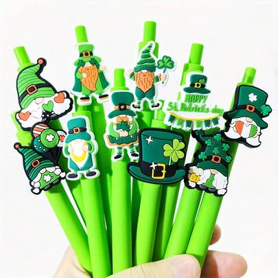 20pcs/Set St. Patrick's Day Clover Themed Ballpoint Pens, 0.5mm Green Gel Ink Pens With Cute Four-Leaf Clover Design, Suitable For Party Favors, School, Office And Home Supplies