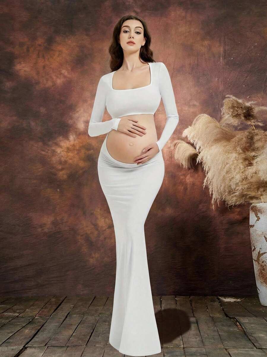 Irresista 孕妇修身露背连衣裙孕妇镂空方领长裙适合拍摄婴儿洗礼长袖 - 白色 - 查看 1