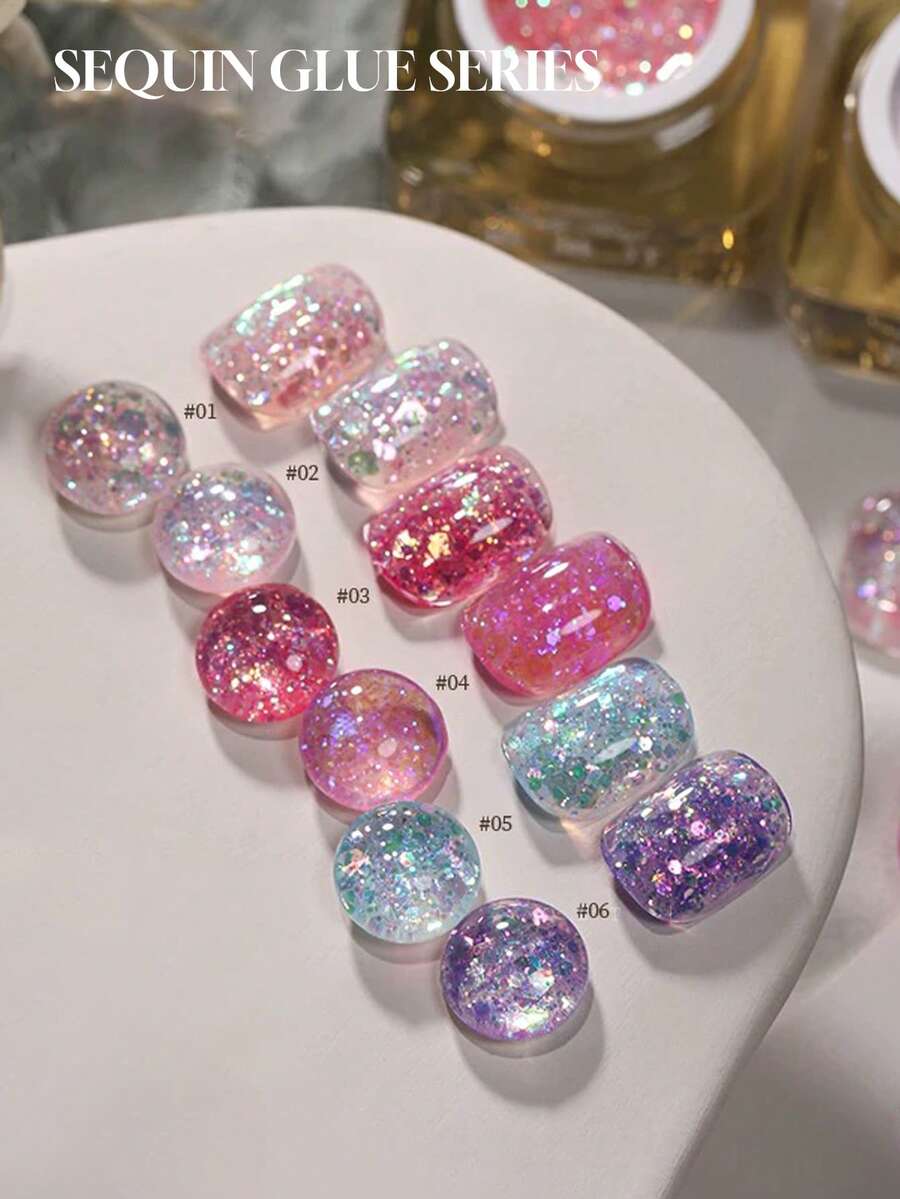 2026新款15ml容量情人节礼物夏季梦幻婚纱云锦碎钻超亮细闪糖果冰透明不规则闪粉玻璃纸凝胶指甲油，季节星光闪粉持久亮泽美甲 - 彩色 - 查看 1