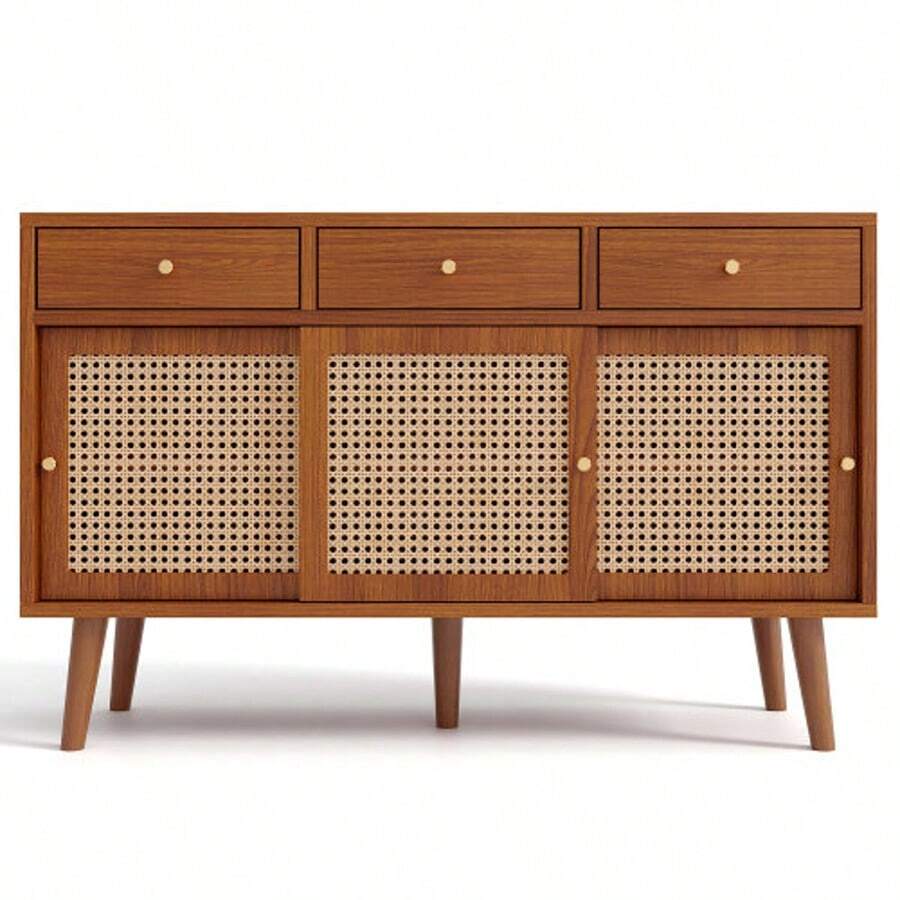 Sideboard, Chest Of Drawers With 3 Drawers And 3 Sliding Doors, Woven Rattan Door Fronts, Solid Wood Legs, Gold-Tone Metal Bar Handle, Adjustable Shelves, Walnut Color, 120 X 40 X 78 Cm - 自然色 - 查看 1