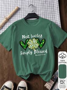 St. Patrick's Day Lucky Shamrock Print Summer Women's 100% Cotton Short-Sleeve T-Shirt - Green - View 1
