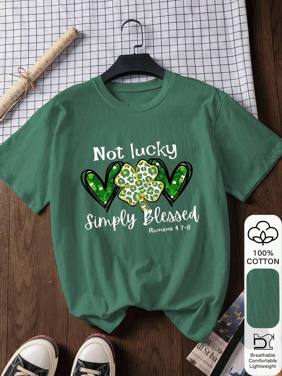 St. Patrick's Day Lucky Shamrock Print Summer Women's 100% Cotton Short-Sleeve T-Shirt - Green - View 1