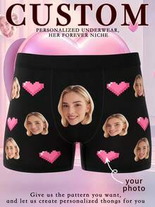 1pc Personalized Photo Pixel Heart Print Stretchy Fabric Comfortable Fitted Romantic Customized Men's Briefs, Valentine's Day Gift - Multicolor - View 3