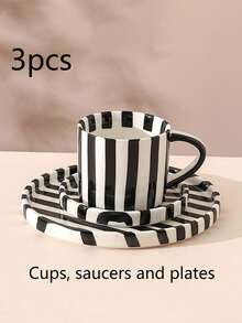 Zestaw 3 klasycznych ceramicznych filiżanek do kawy w paski, spodków i talerzyków, minimalistyczne kubki w stylu retro, skandynawskie, odpowiednie do latte, kawy, matchy, herbaty, kawy arabskiej, duża pojemność amerykańskiej filiżanki do kawy, świetny prezent dla przyjaciół i rodziny - Wielokolorowe - Zobacz 1