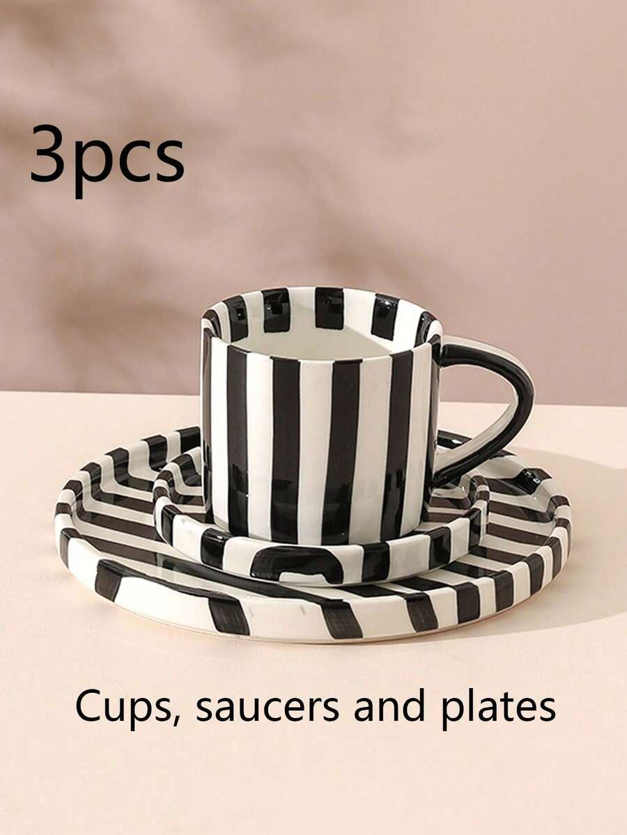 Zestaw 3 klasycznych ceramicznych filiżanek do kawy w paski, spodków i talerzyków, minimalistyczne kubki w stylu retro, skandynawskie, odpowiednie do latte, kawy, matchy, herbaty, kawy arabskiej, duża pojemność amerykańskiej filiżanki do kawy, świetny prezent dla przyjaciół i rodziny - Wielokolorowe - Zobacz 1