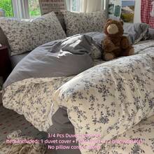 3/4件套田园风被套组，柔软轻盈水洗超细纤维床品，白色底灰色水彩花卉印花，花卉美学床品套装，拉链封口，防污易清洗（1个被套+1个床单+1/2个枕套，不含被芯） - 灰花卉 - 查看 2