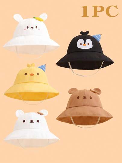 1pc Toddler Solid Color Cartoon Graphic Decorated Bucket Hat, Various Cartoon Patterns Available, Cute Childlike Adorable Lightweight Sun Protection, Suitable As Gift, For 2-3 Years Old Boys & Girls Casual Wear, Spring/Summer