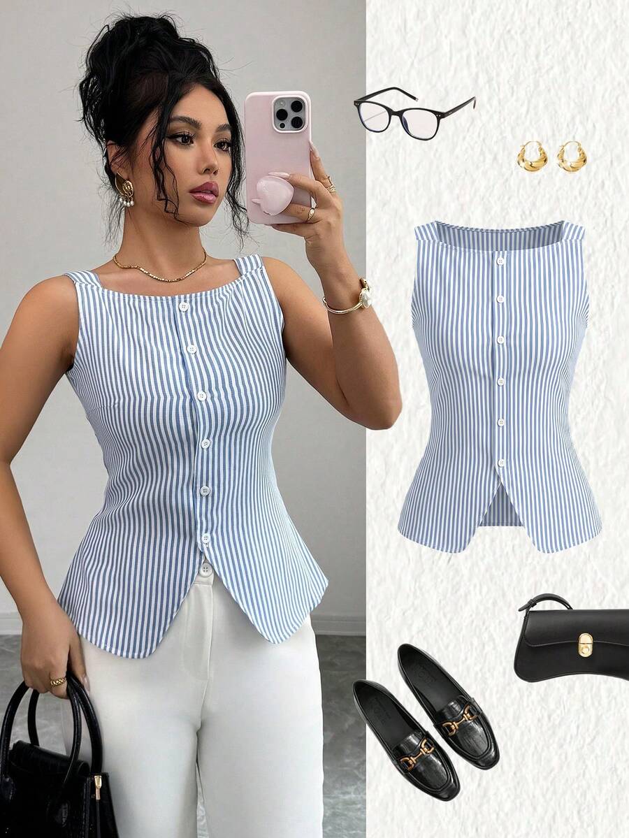 女士春夏新款蓝白条纹无袖修身单排扣休闲衬衫，优雅通勤及日常穿着，简约西部风吊带衫