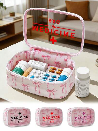 透明PU材质蝴蝶结医疗包，印有“Medicine”字样和Y2K蝴蝶结图案，时尚便携式医疗收纳包，旅行居家两用便携收纳包，轻便洗漱旅行整理包，化妆包