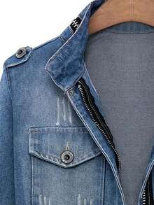 Women's Plus Size Light Blue Waist-Fitted Denim Jacket  Casual    Pocket  Zipper  Button Front    Vacation  Night Out  School  Holiday  Home  Daily    Autumn And Winter  Light Blue Solid Color Plus-Size Waist-Cinching Denim Jacket ... - Màu xanh lam - Xem 3
