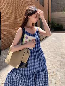 宽松格纹吊带连衣裙，夏季少女格纹长裙，修身显瘦 - 藏蓝色 - 查看 3
