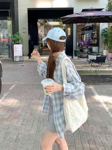 女士休闲/工作可爱格子印花轻薄长袖衬衫，春夏款 - 藍色 - 查看 5